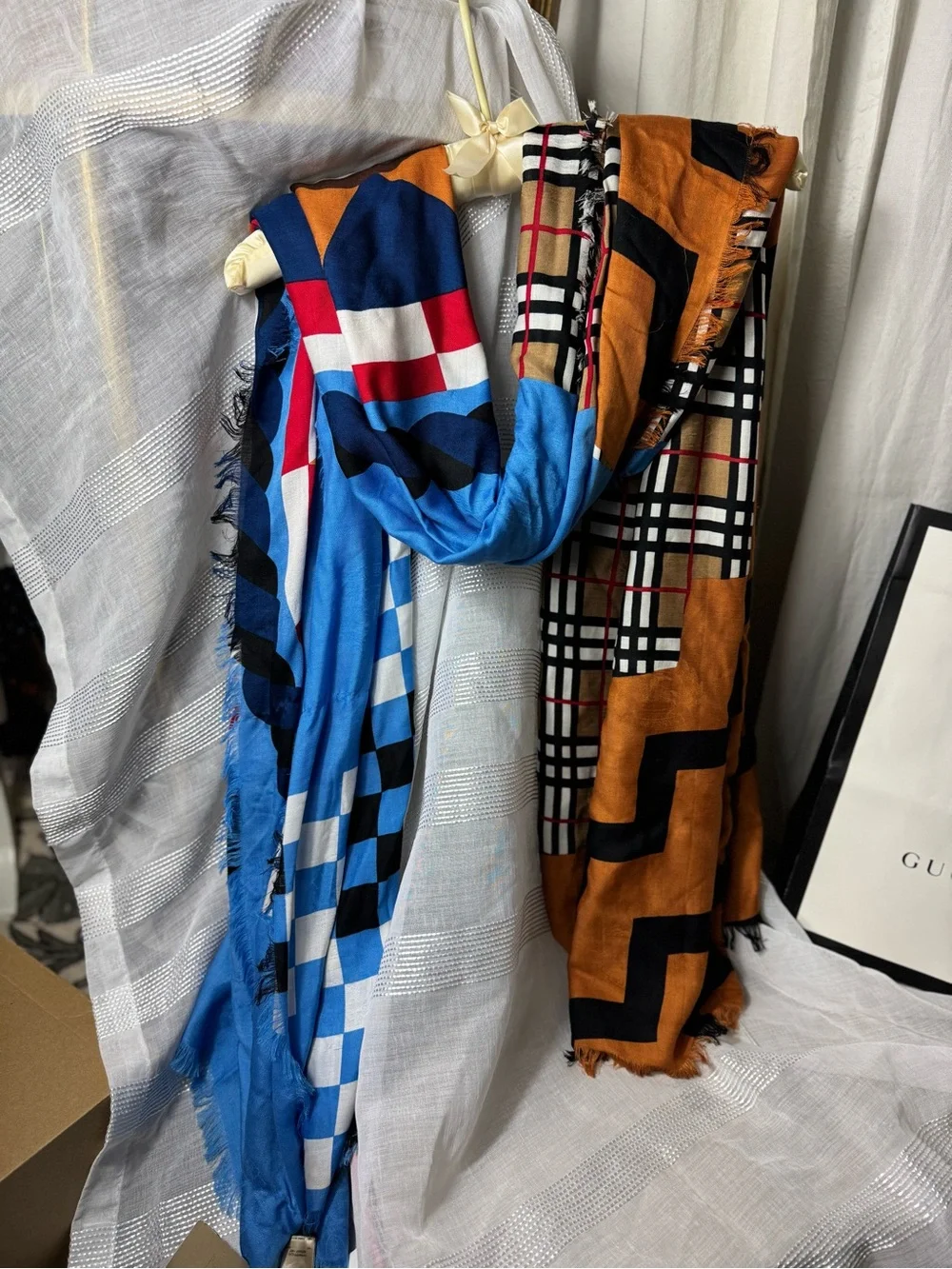 Vintage Y2K Burberry Patterned Scarf Blue Brown Red Orange Checkered